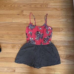 MINKPINK Pink Floral Jumpsuit with Black Polka Dot Shorts